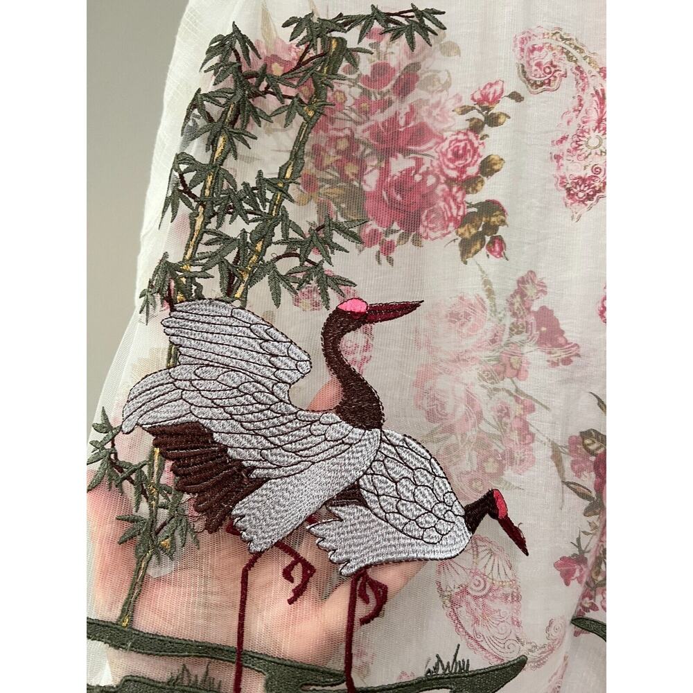 White Sheer Lace Floral Crane embroidery button down shirt Art Boho Romantic L - Picture 9 of 16